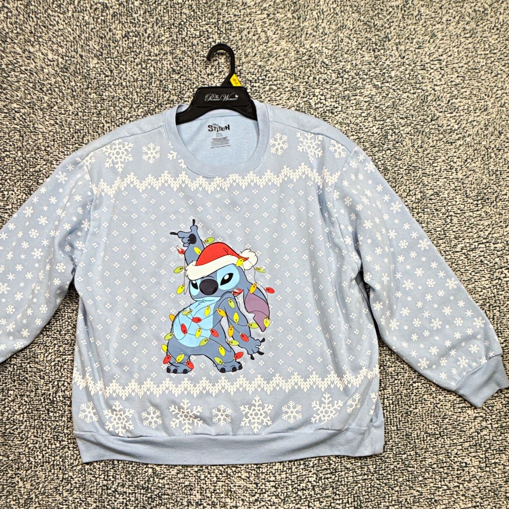 Disney Unisex Stitch Christmas Snowflake Graphic Blue Fleece Crewneck XXL